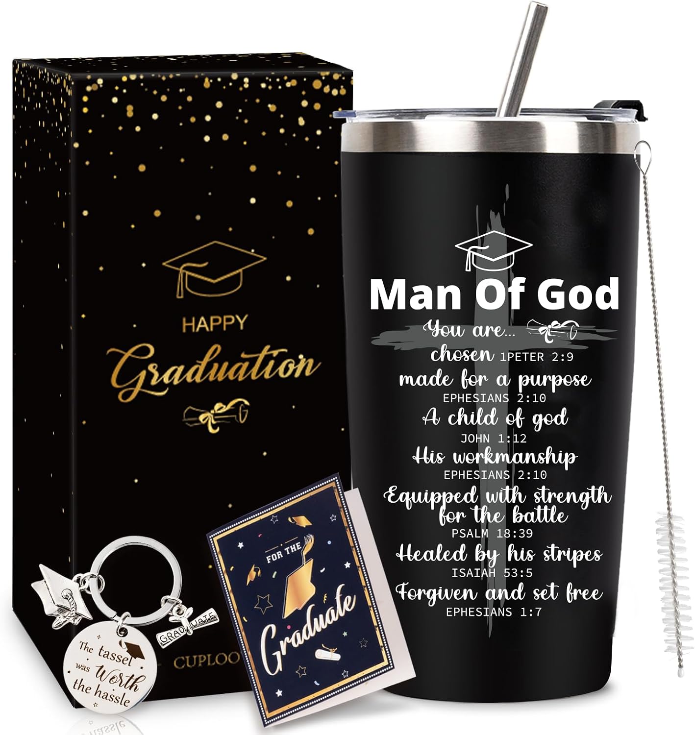 Vaso acero inox religioso cristiano negro 20oz con tapa pajilla