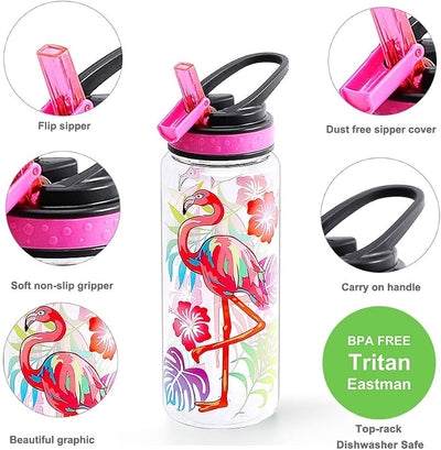 Botella agua niños con popote Tritan sin BPA 23oz flamenco
