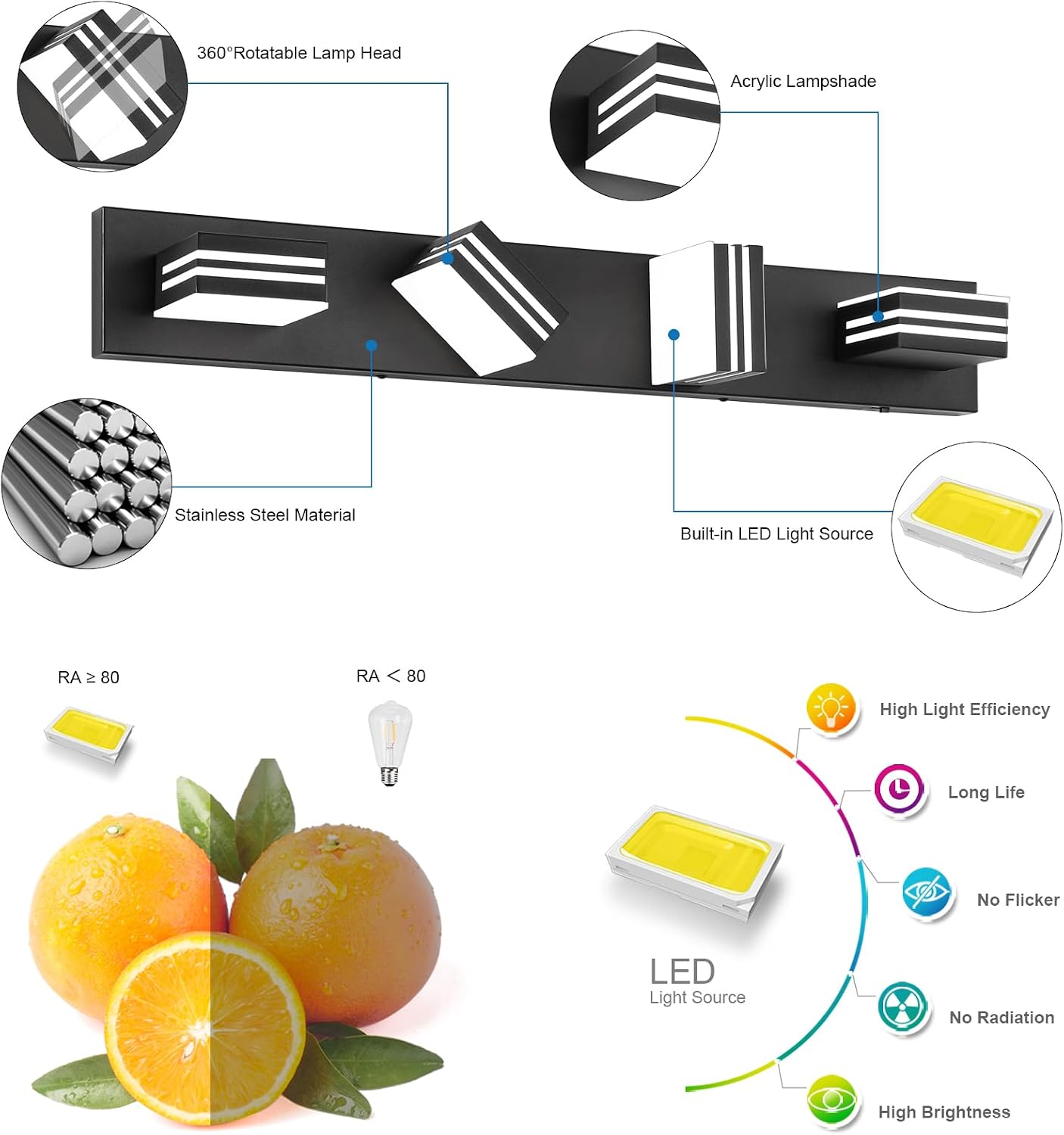 Lámpara Led Tocador Baño 4 Luces 30pulg Negro Mate