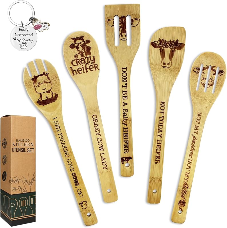 6 Pzas Cucharas Bambú Estampado Vaca Llavero Regalo Mujer