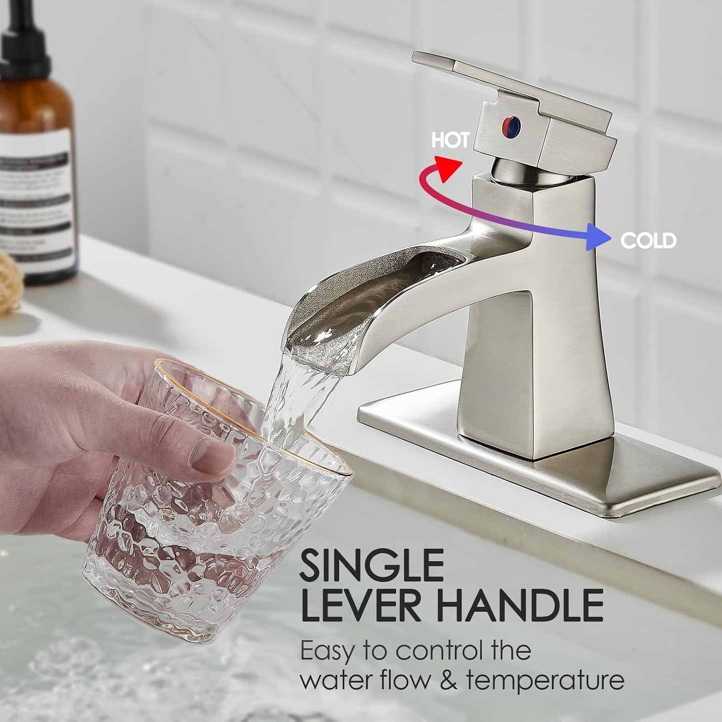 Grifo baño cascada níquel cepillado manija desagüe pop-up