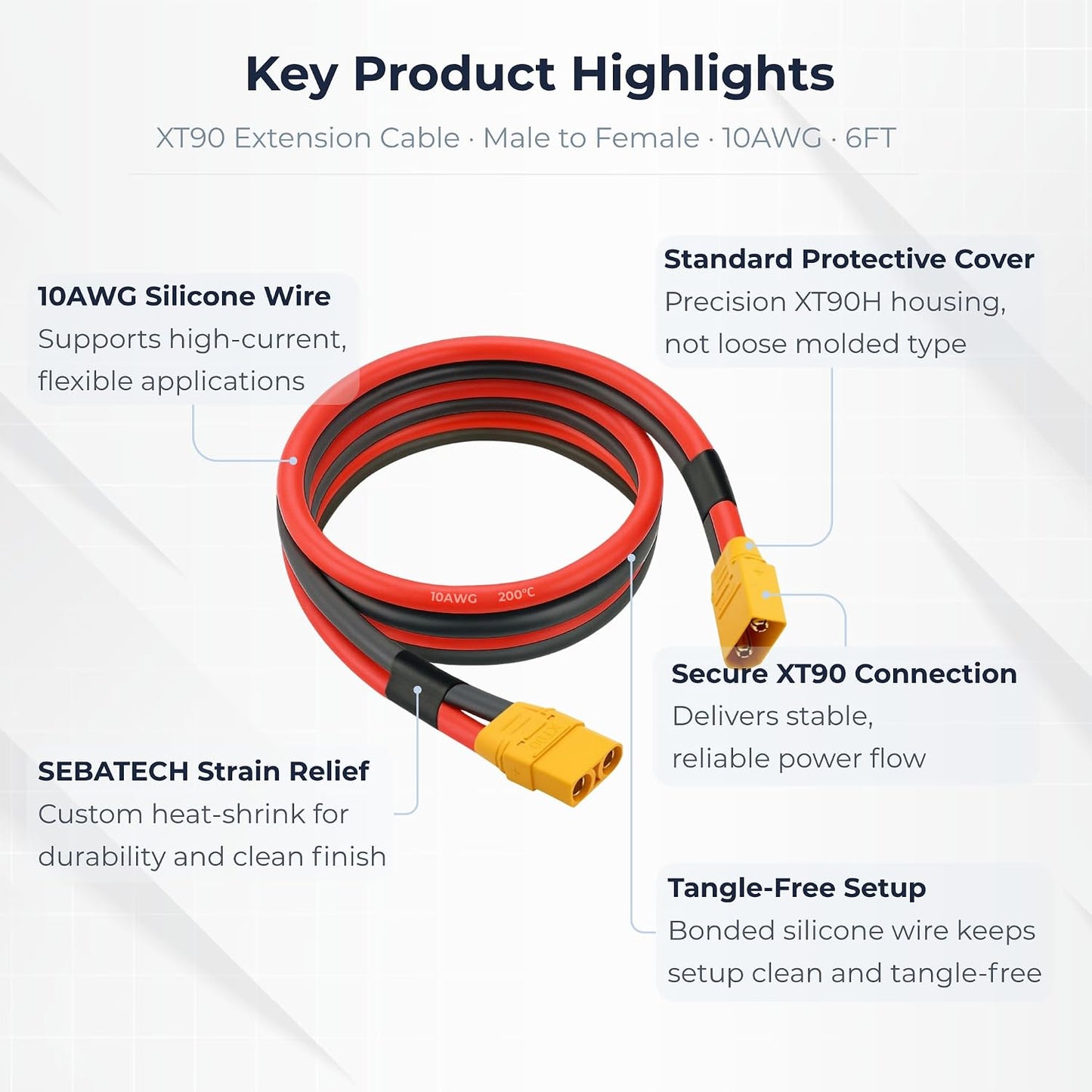 Cable XT90 6ft 10AWG macho a hembra para drones