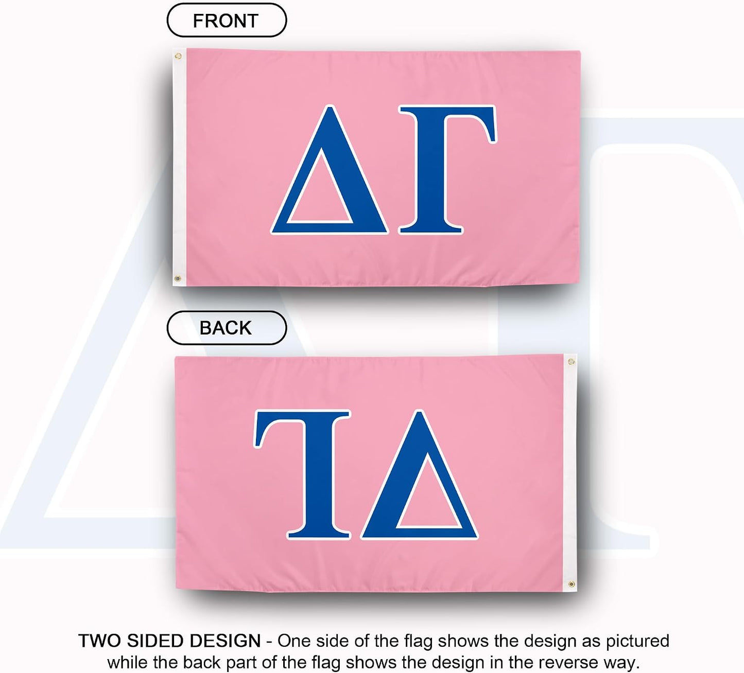 Bandera Delta Gamma letras griegas rosadas y azules 3x5ft