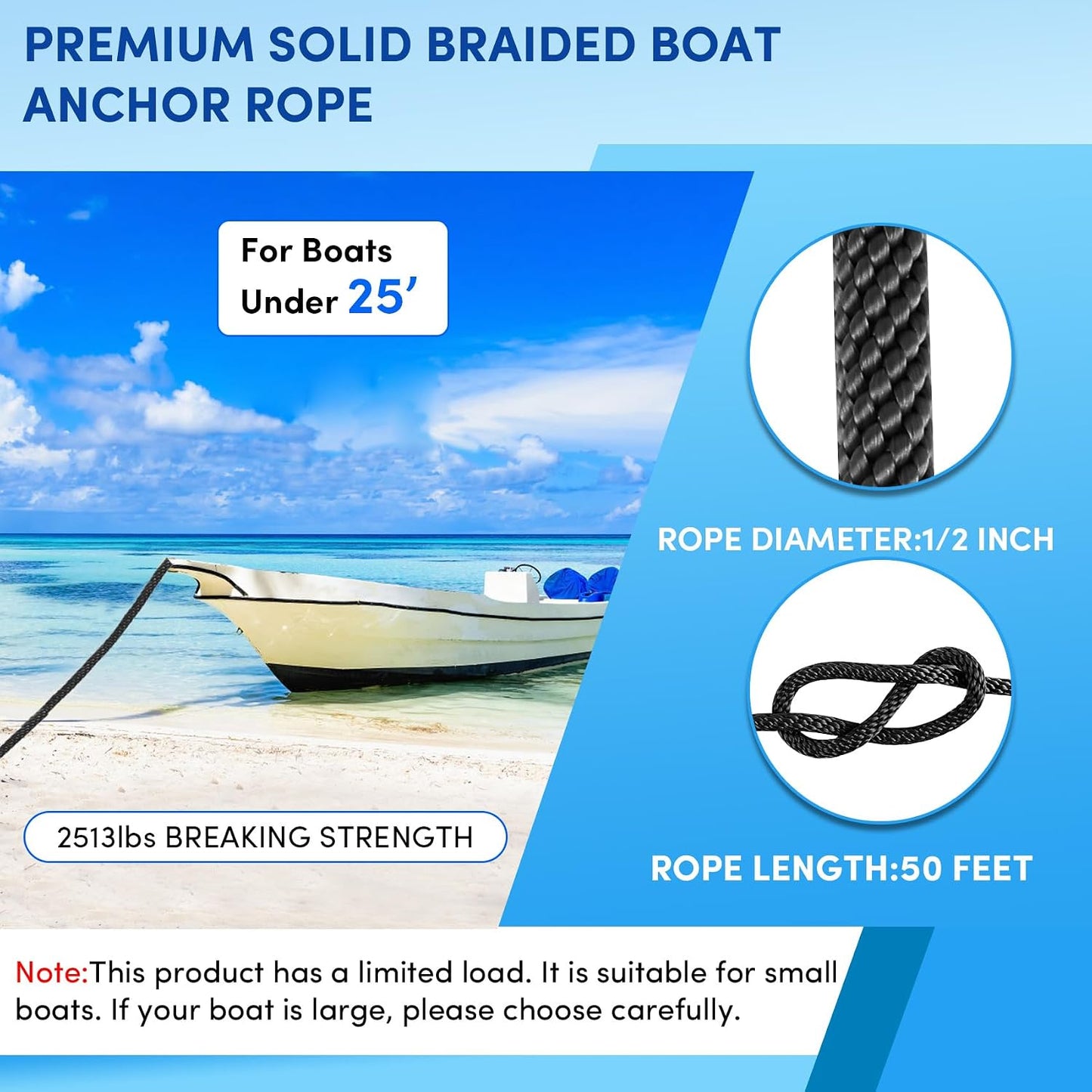 Cuerda anclaje 50ft x 1/2pulg trenzada sólida para barco negro