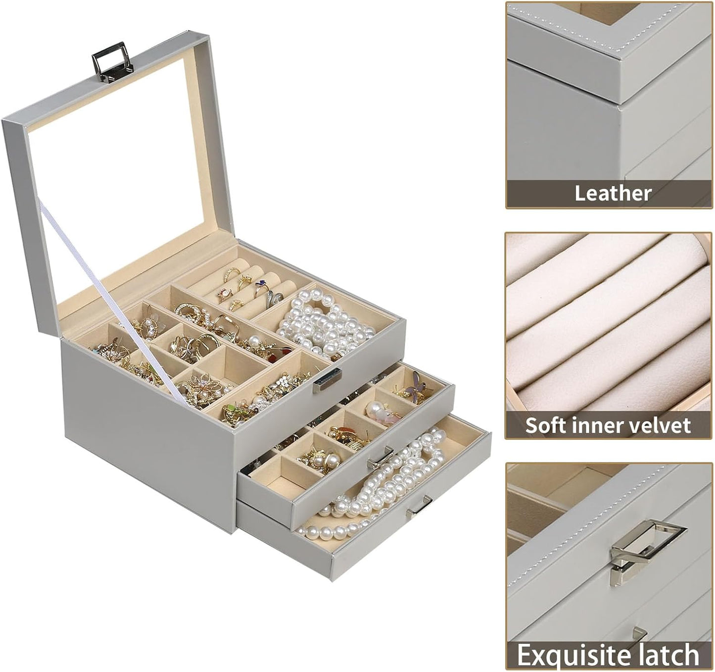 Caja joyería 3 capas con tapa transparente y 2 cajones
