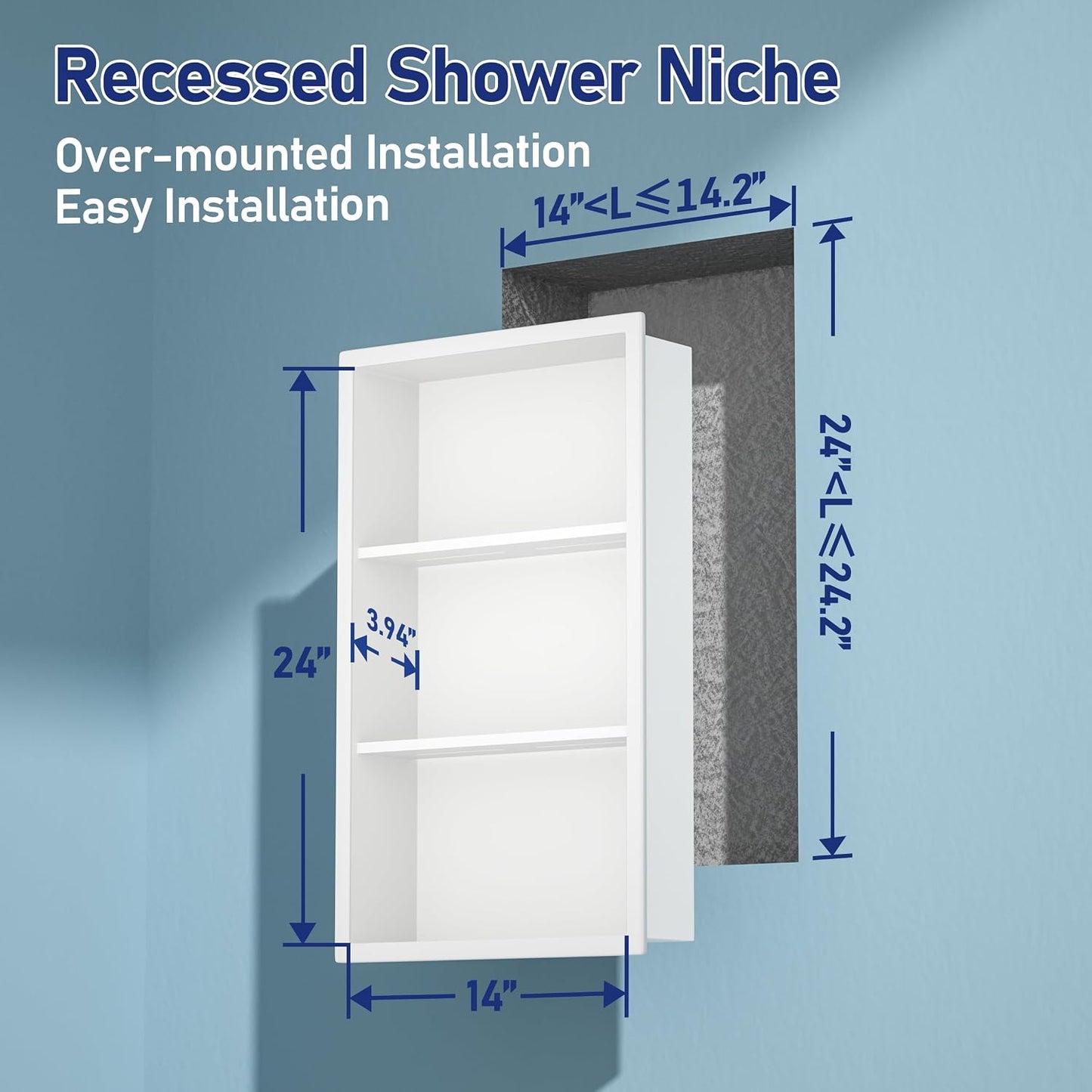 Nicho ducha acero inox 14x24pulg blanco estante 3 niveles