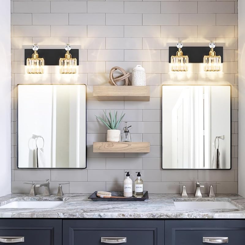 Lámpara baño 2 luces cristal negra y dorada moderna