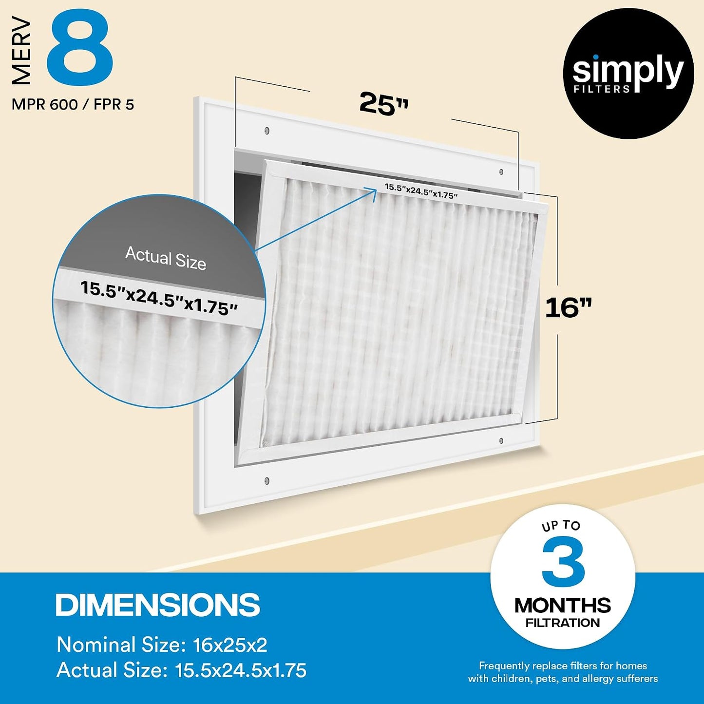 Filtro aire MERV 8 16x25x2 pulg set 4 para caldera HVAC