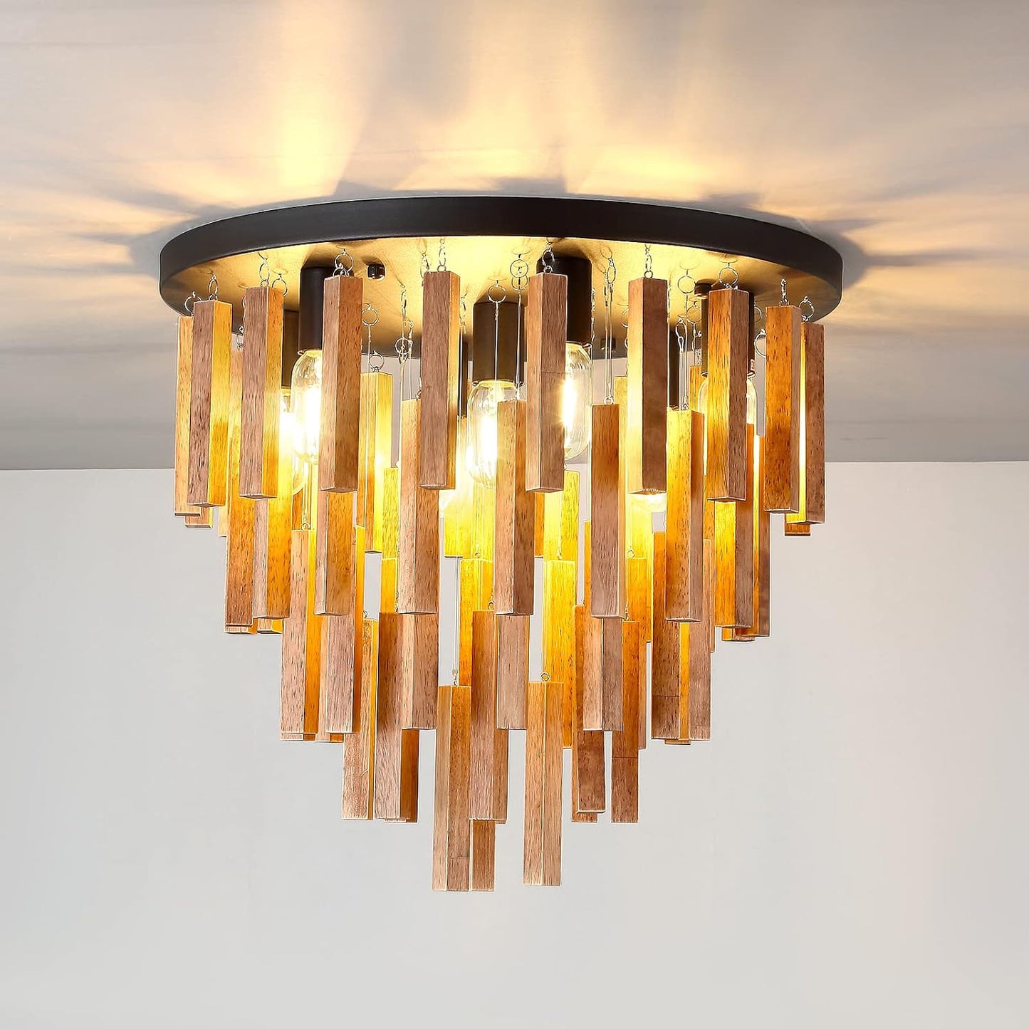 Lámpara techo rústica de roble y negro 7 luces E26
