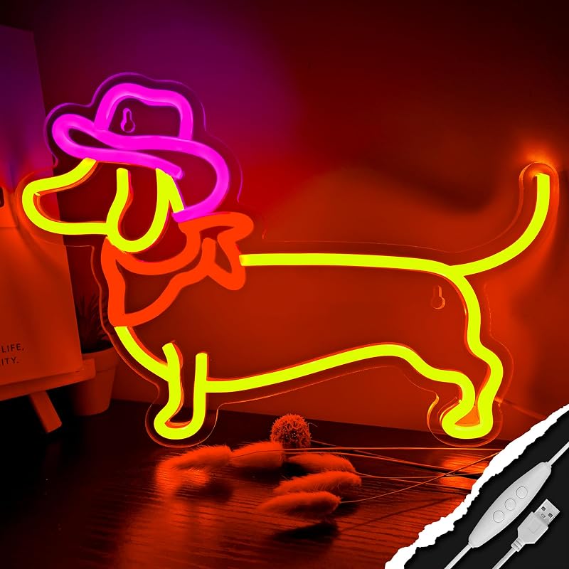Letrero Neón Dachshund Sombrero Vaquero Tienda Mascotas