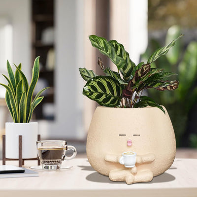 Maceta Cara Sonriente con Taza Café Resina para Suculentas