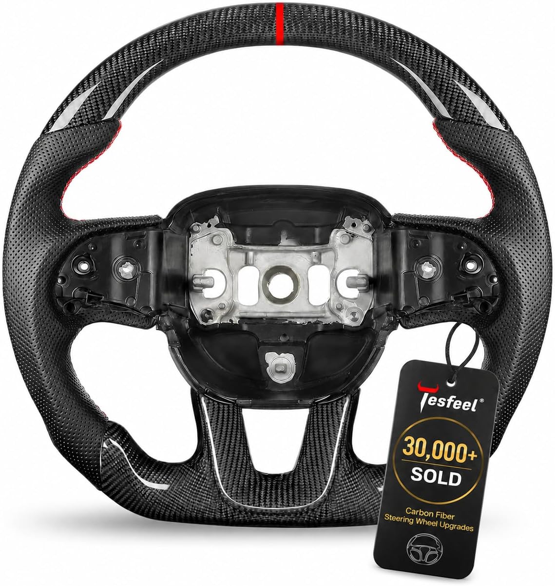 Volante fibra carbono 3K forma D agarre cuero fondo plano
