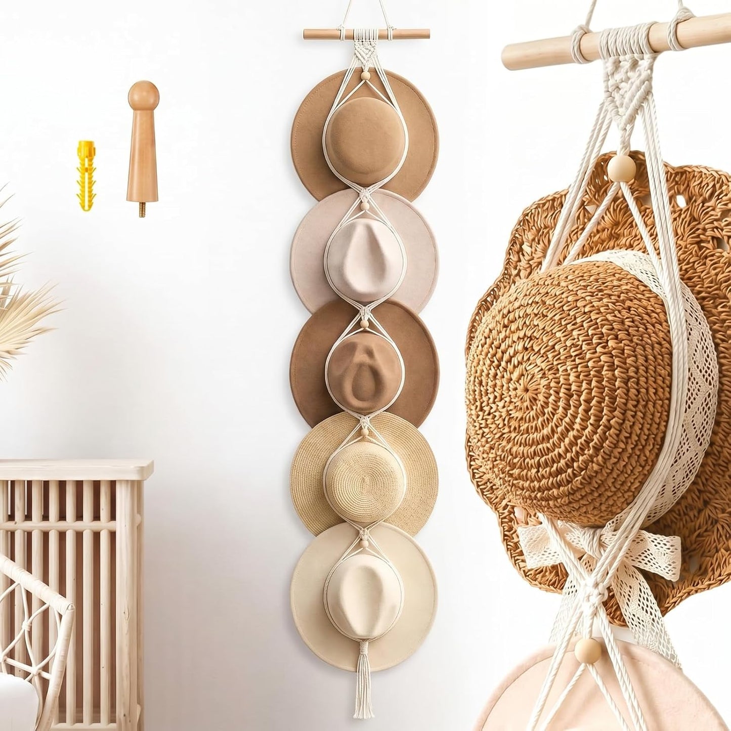 Perchas macramé para sombrero bohemio puerta