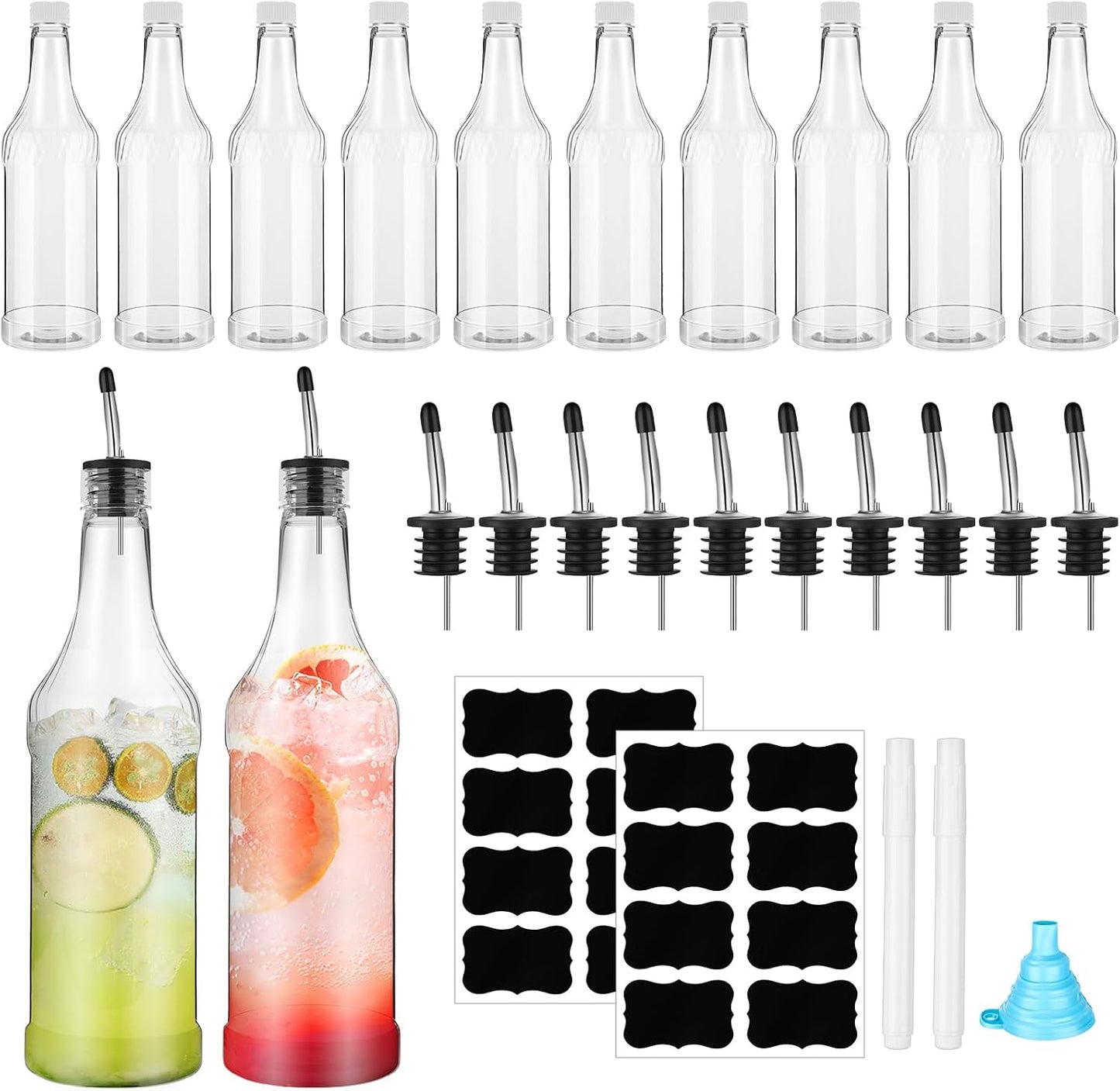 24 Botellas Plástico Cuello Largo 32oz Con Tapas y Vertedor