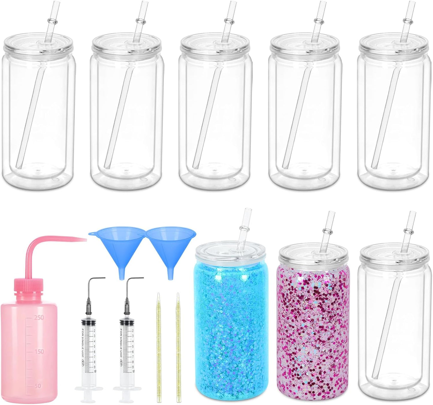 Kit 8 vasos tumbler plástico doble pared 16oz con embudo