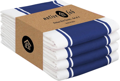 Set 4 paños cocina azules 18x28pulg rayas anchas 100% algodón