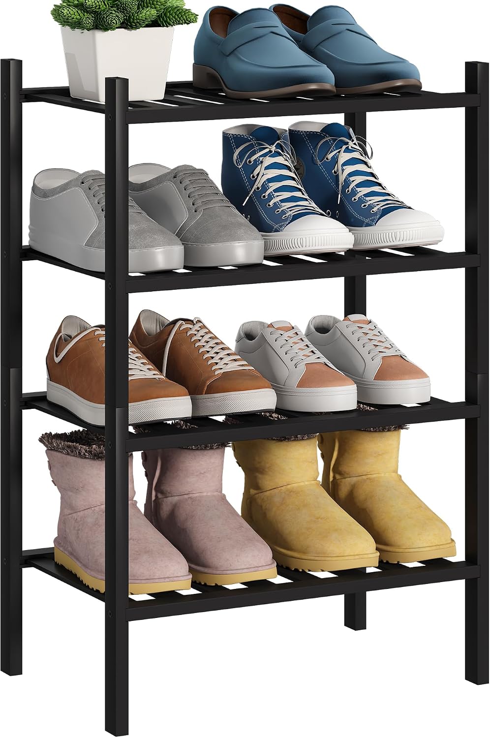 Estante zapatos bambú 4 niveles apilable negro
