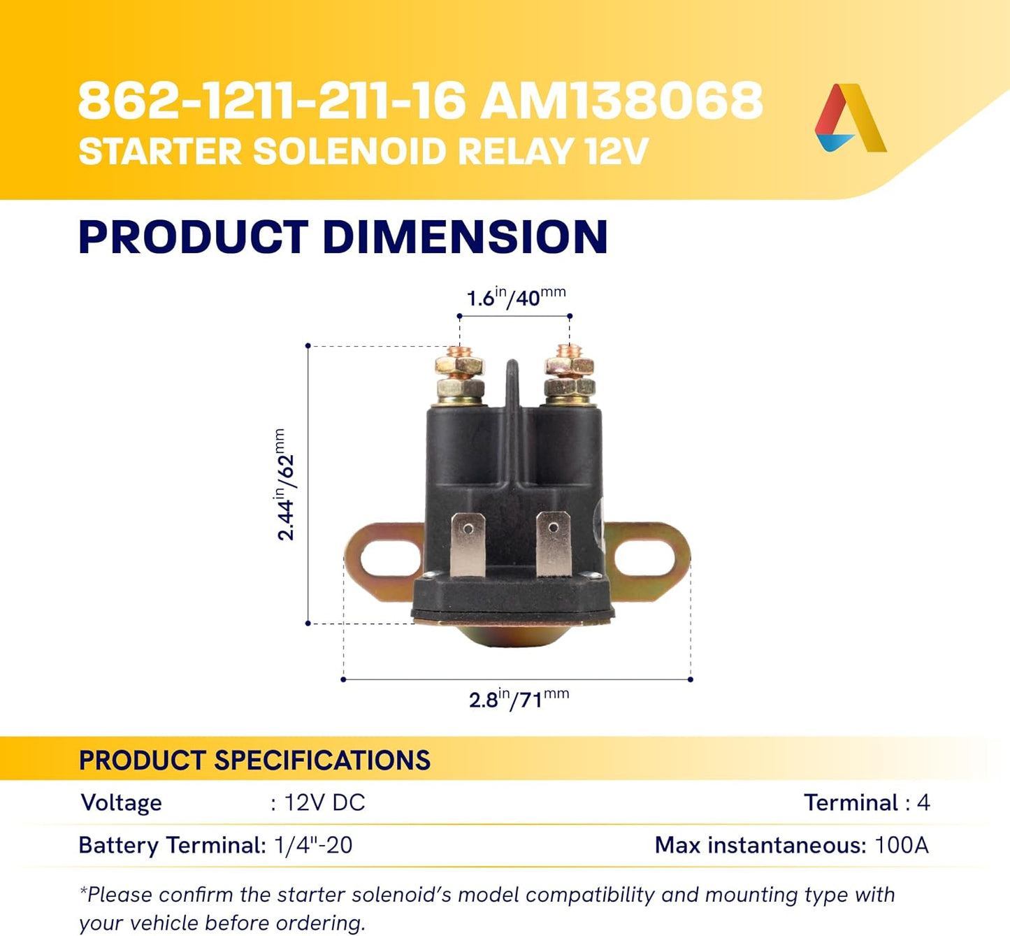 Relé solenoide 12V comp John Deere Cub Cadet LA100-150