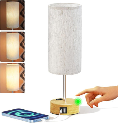 Lámpara mesita noche control táctil 3 vías USB AC tela lino