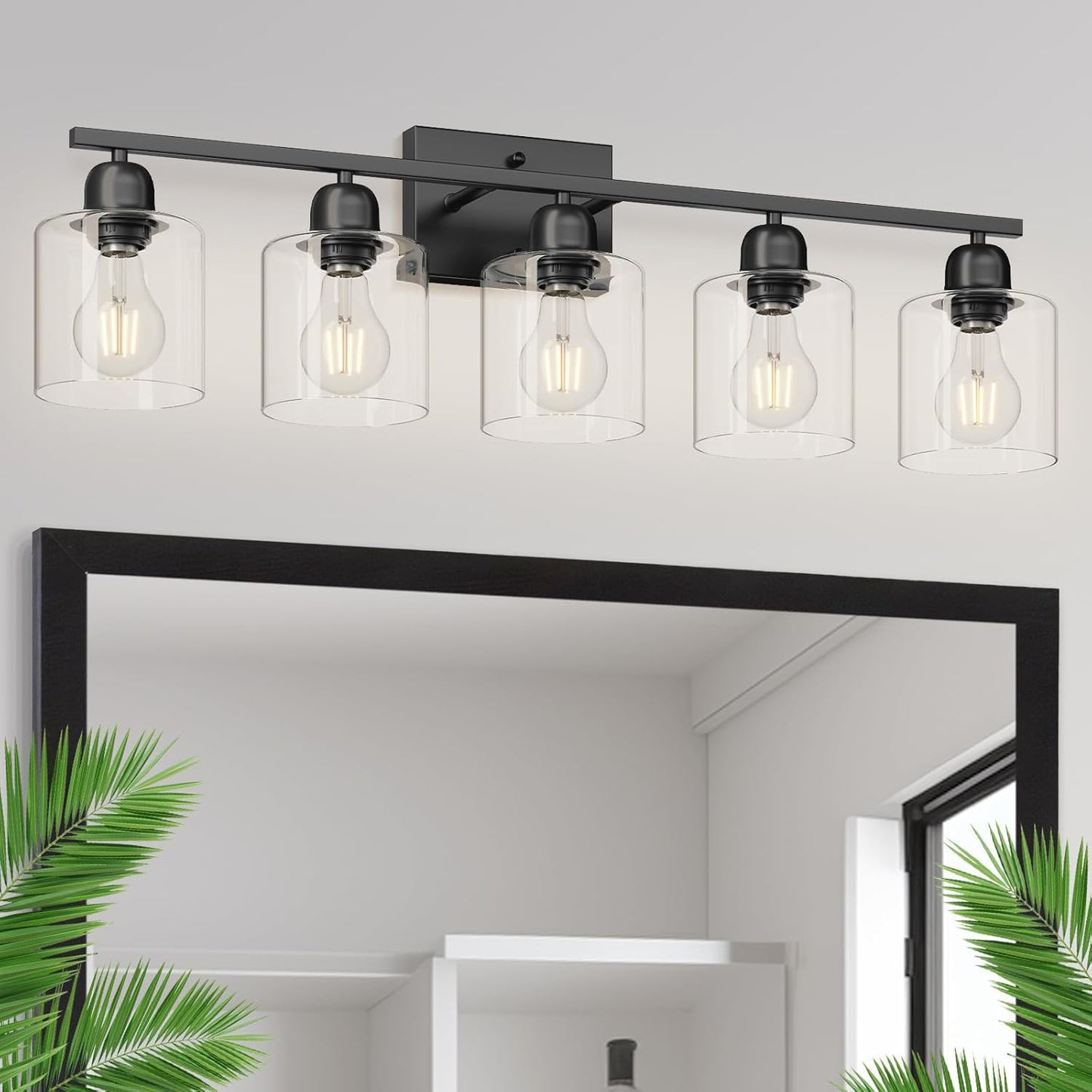 Lámpara tocador baño 5 luces negras 31pulg vidrio