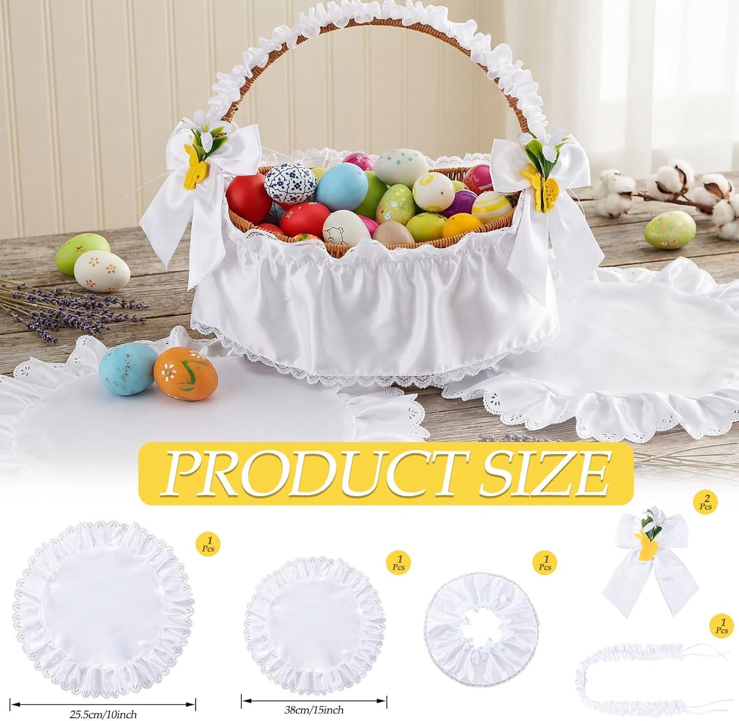 Juego de 6 fundas ortodoxas para cestas de Pascua, forro tela cesta encaje blanco, canasta, tapetes redondos y lazos con hierba de huevo