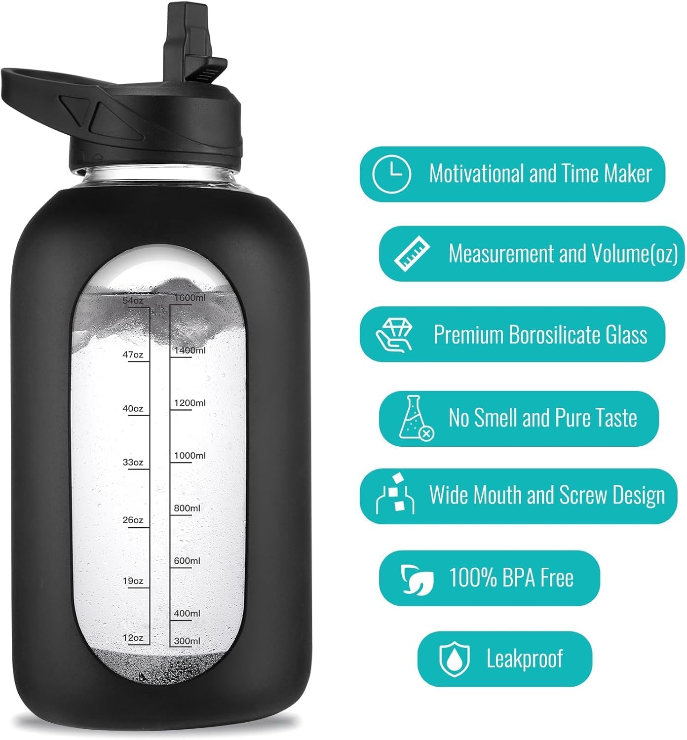 Botella agua vidrio 64oz con popote asa funda silicona