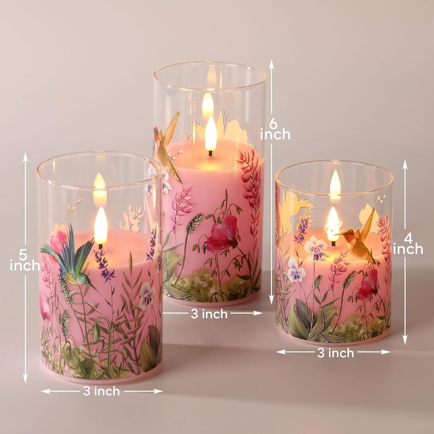 Velas LED colibrí rosa vidrio control remoto set 3