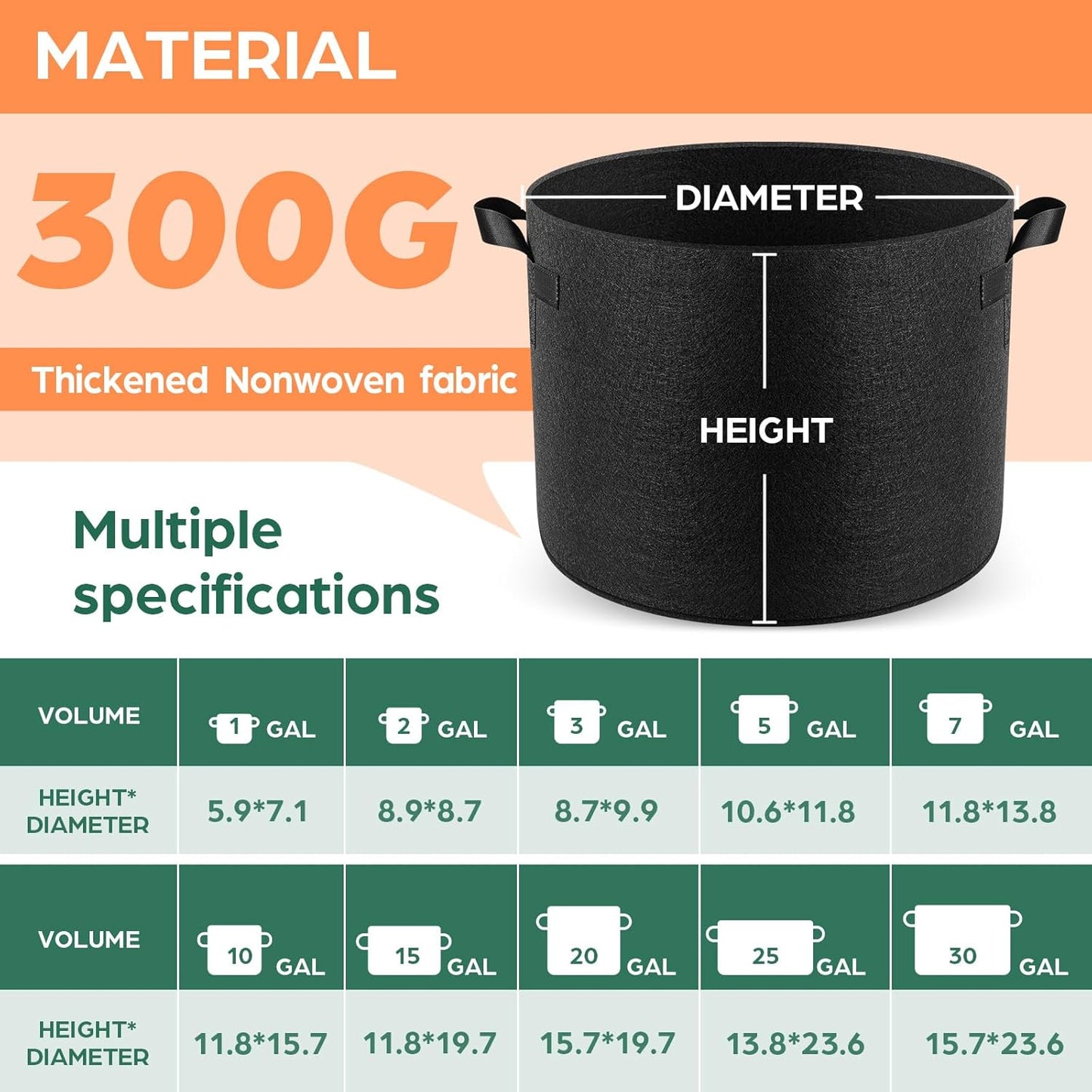 10 Pzas Bolsas Cultivo 7gal Tela No Tejida con Asas 300G