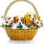 Caja baratijas con perrito en cesta de flores cristal