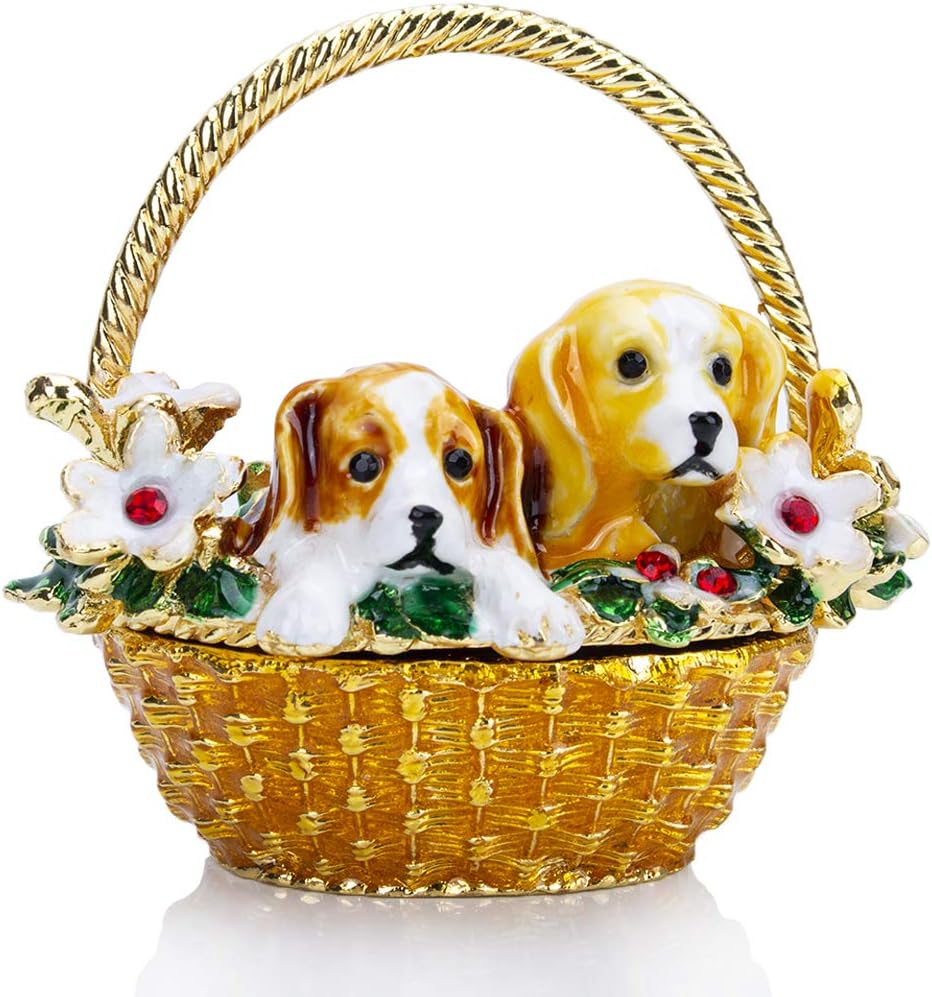 Caja baratijas con perrito en cesta de flores cristal