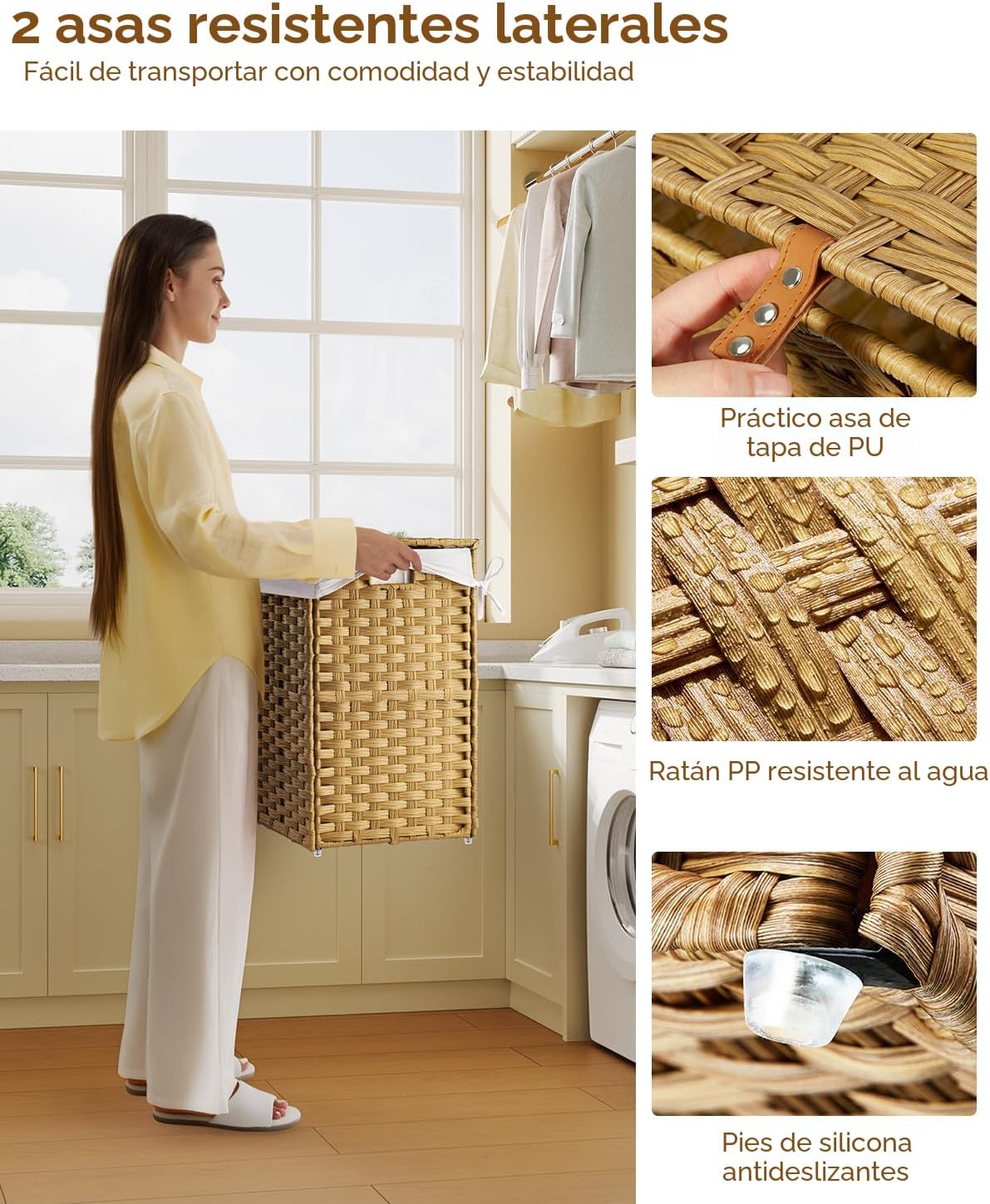 Cesta ropa con tapa 60L malla ratán sintético
