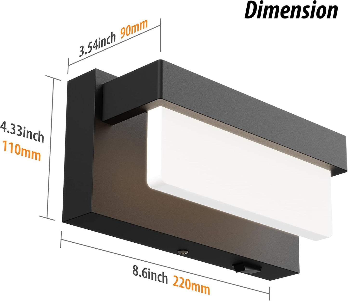 Aplique pared negro LED 8pulg interruptor 4000K