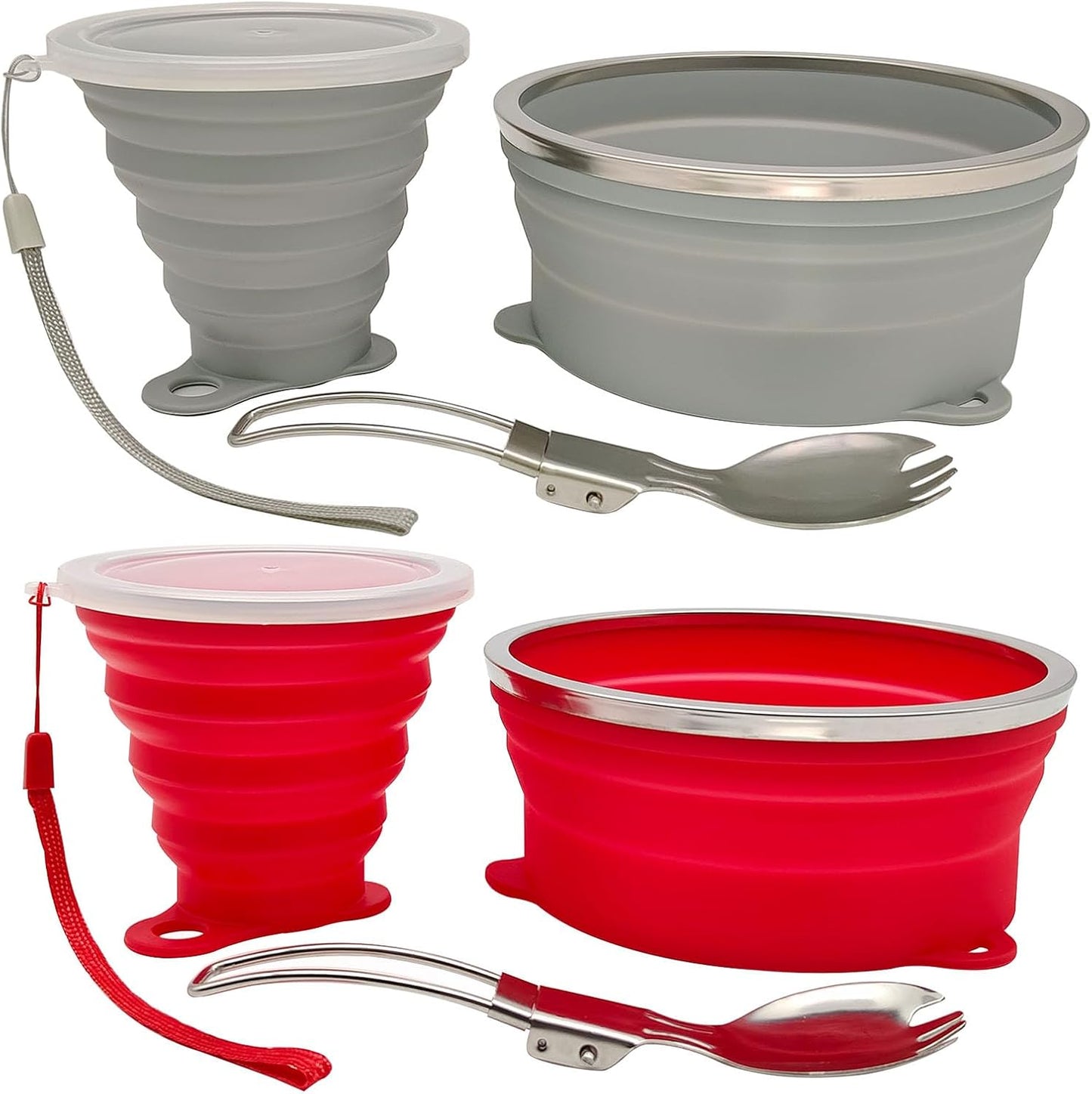 Kit cuenco plegable silicona y cuchara acero inox para camping