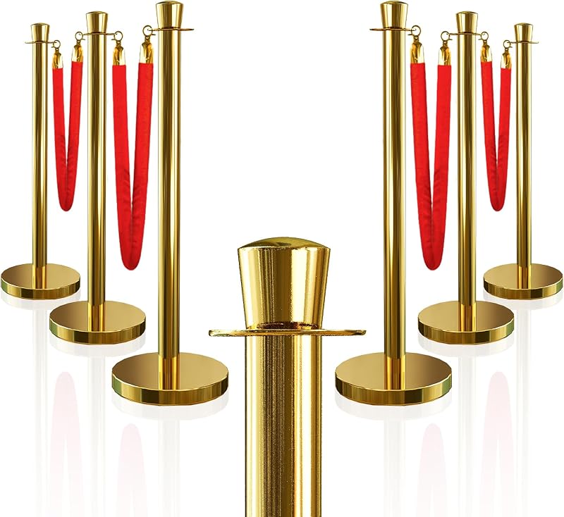 6 Pzas Postes Dorados Cuerda Roja 5ft Set Barreras