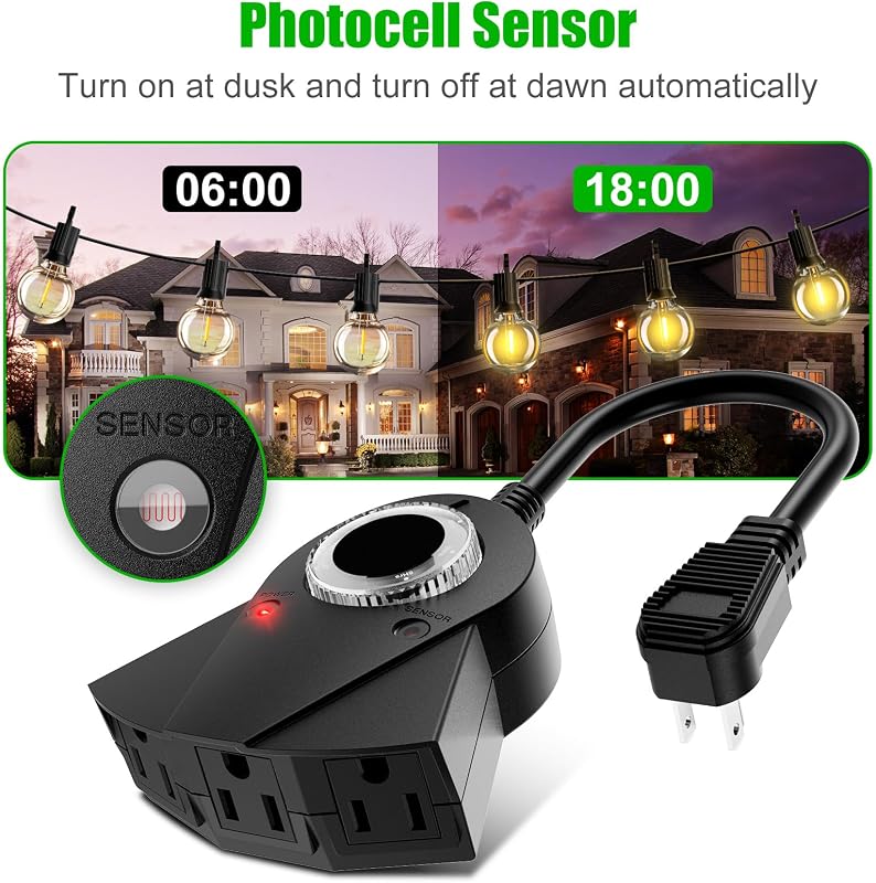 Temporizador sensor luz exterior 24h 2-8h 3 tomas pack 2