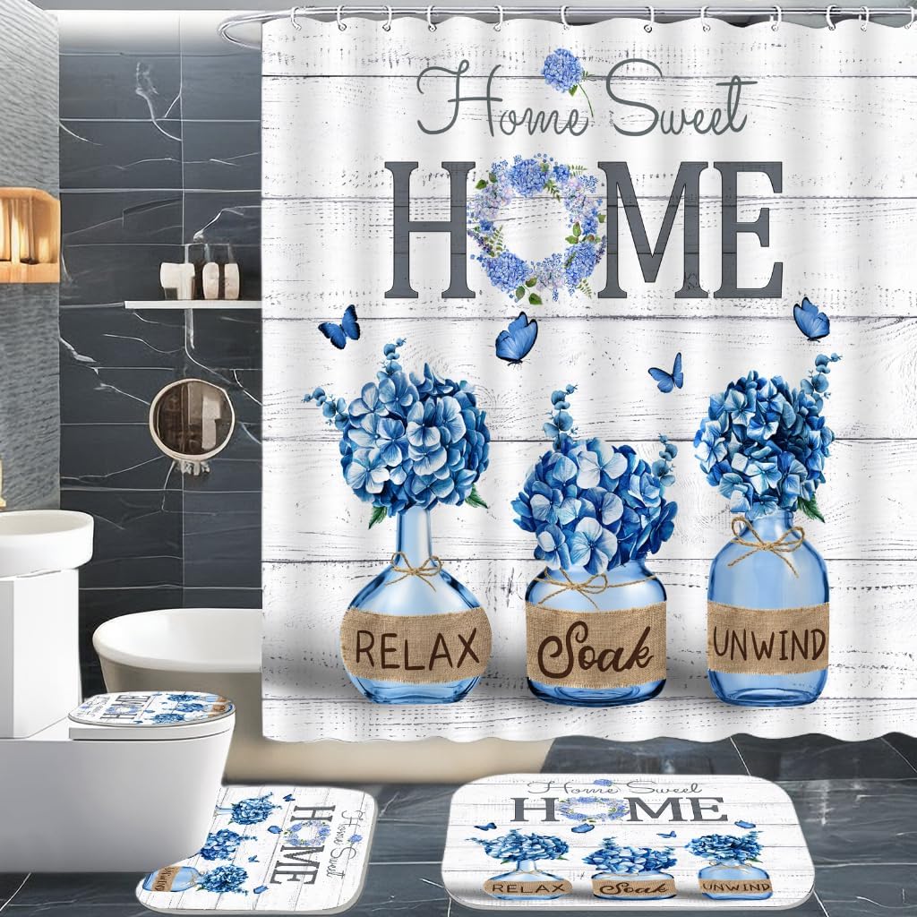 Juego 4 Cortinas Ducha Hortensias Azules 72x72pulg