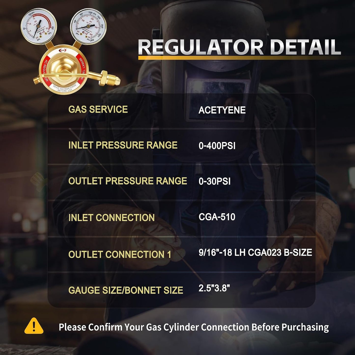 Regulador acetileno CGA510 latón forjado 0-4000PSI entrada