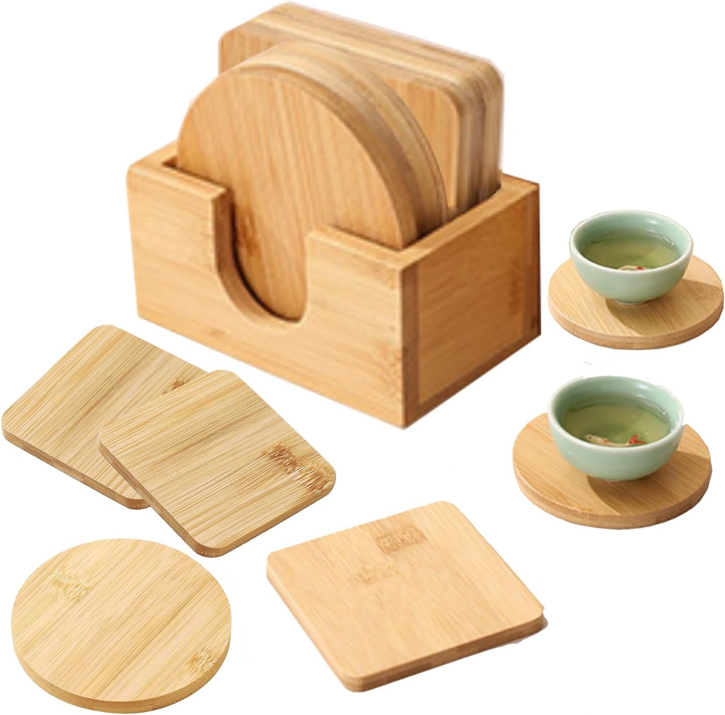 Set 6 posavasos bambú natural para café redondos y cuadrados