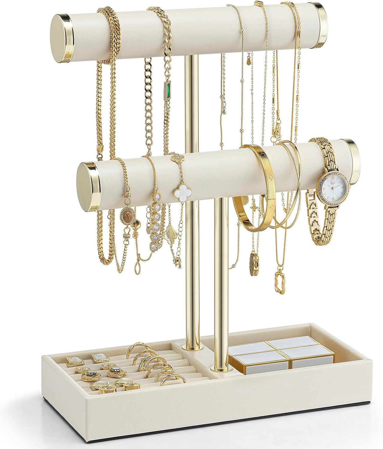 Organiz. pulseras 2 niveles cuero para joyas mujer blanco