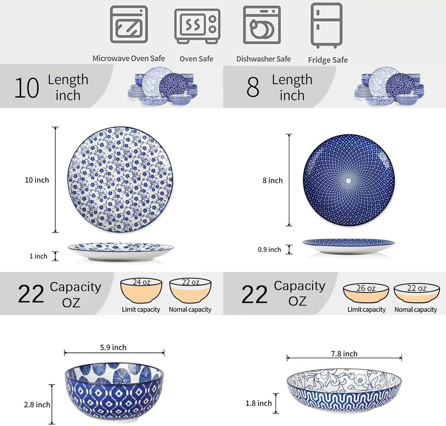 Set 24 Pzas Vajilla Cerámica 6 Personas Azul Vintage