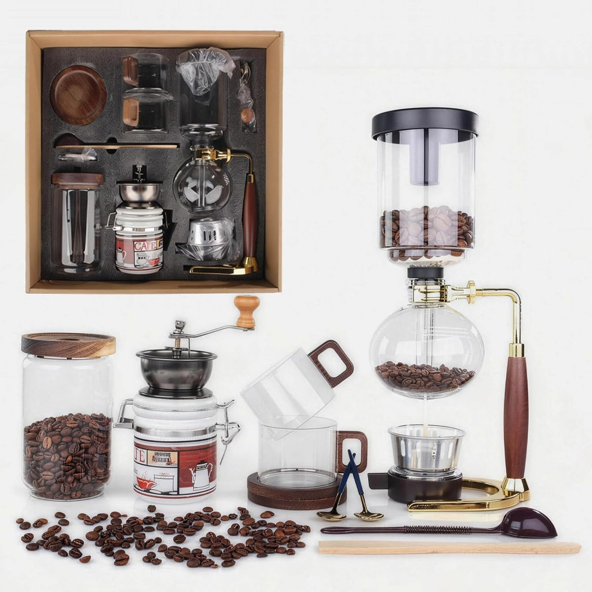 Juego Cafetera Sifón Molinillo Taza Vidrio Almacenamiento