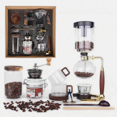 Juego Cafetera Sifón Molinillo Taza Vidrio Almacenamiento