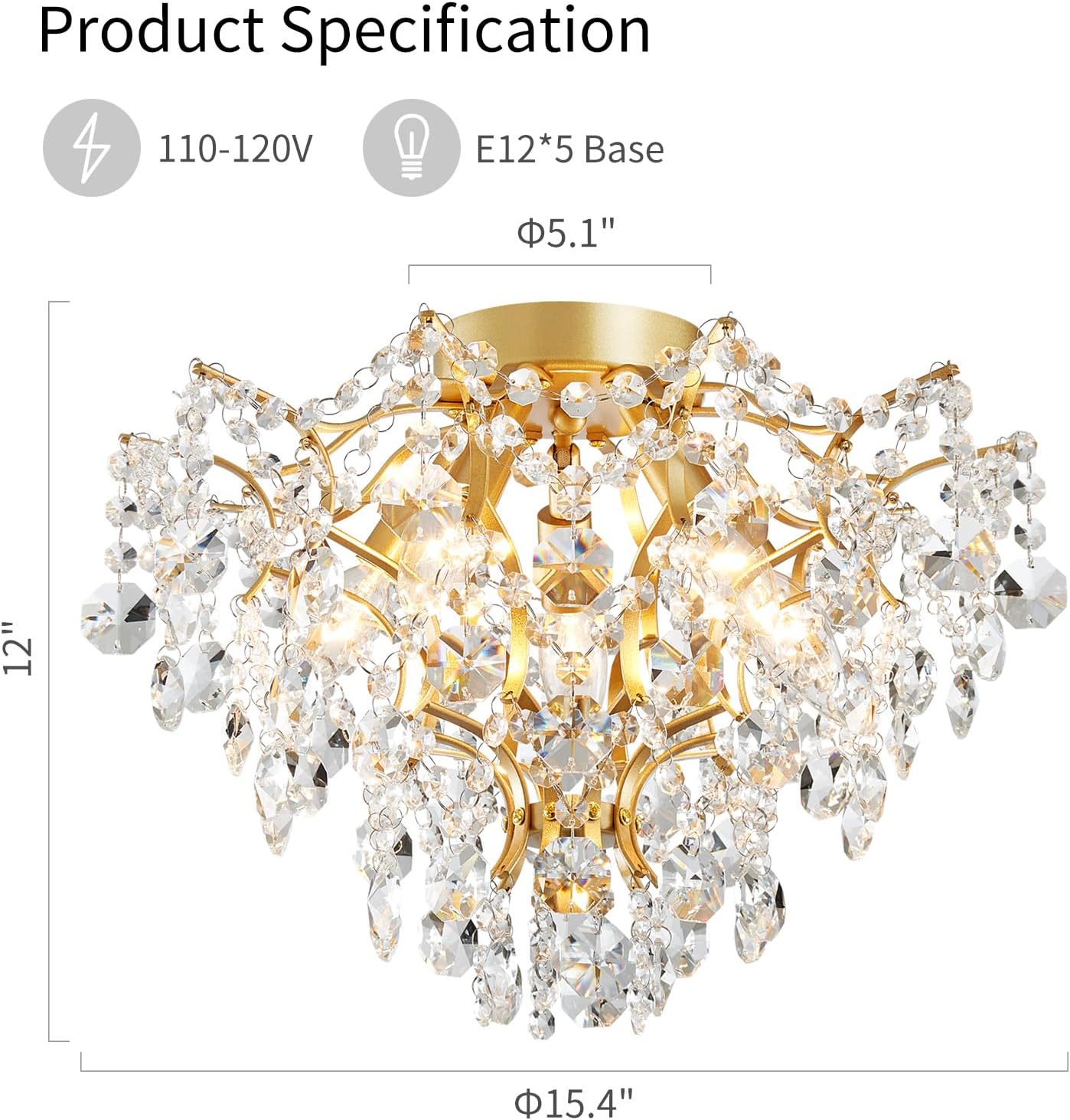Lámpara techo cristal 5 luces dorado 12pulg alto