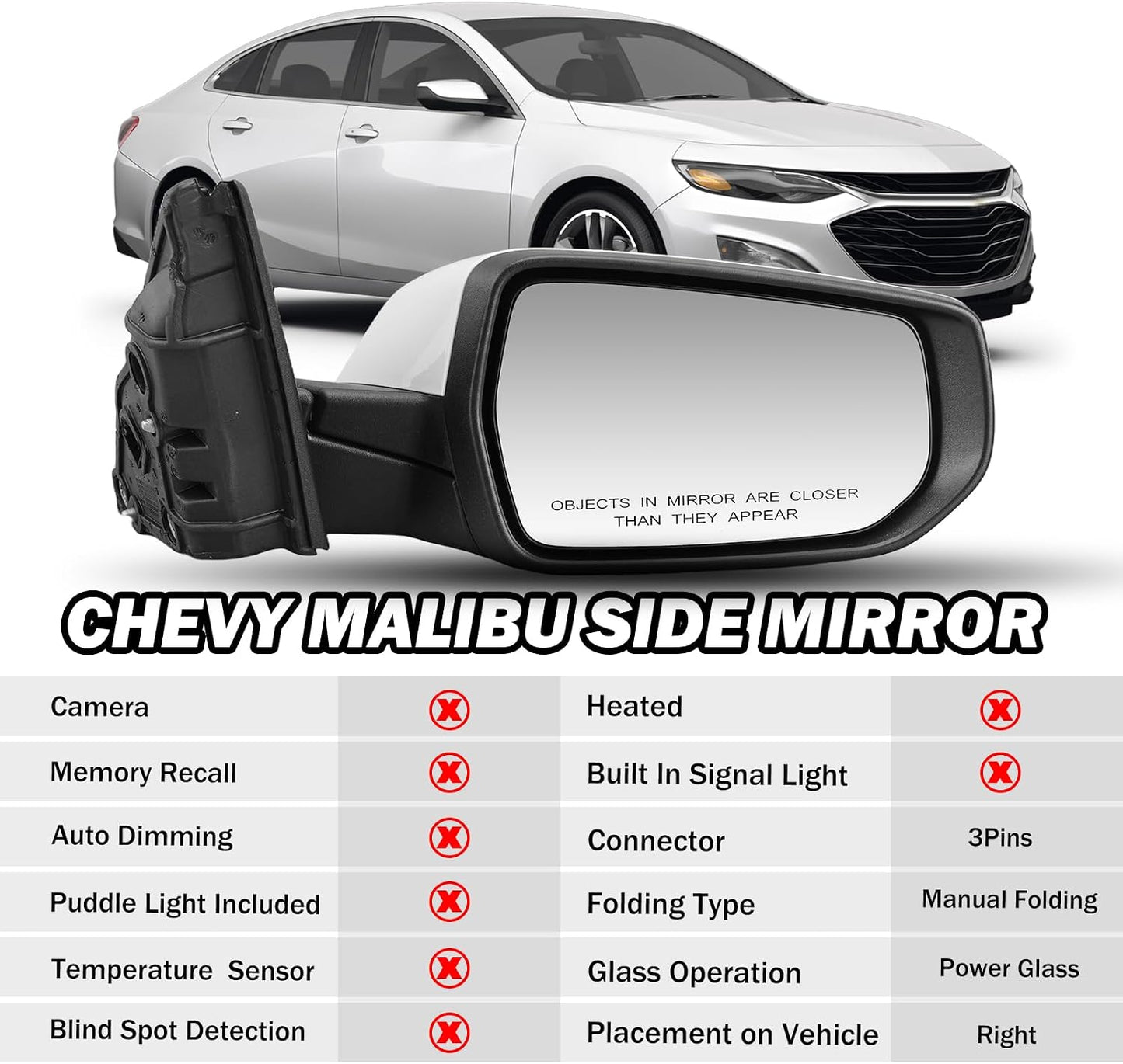 Espejo retrovisor pasajero Chevy Malibu no calefactado