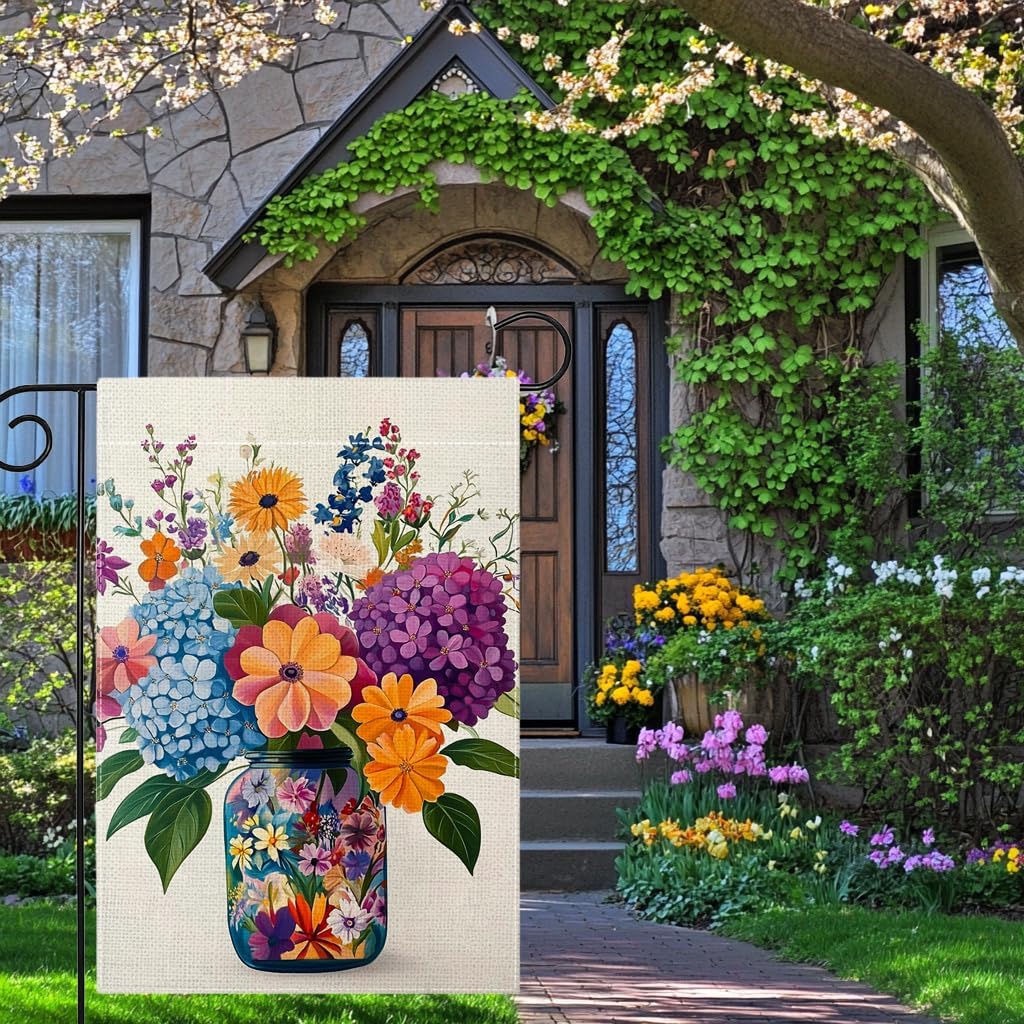 Bandera jardín tarro albañil hortensias 12x18pulg doble cara