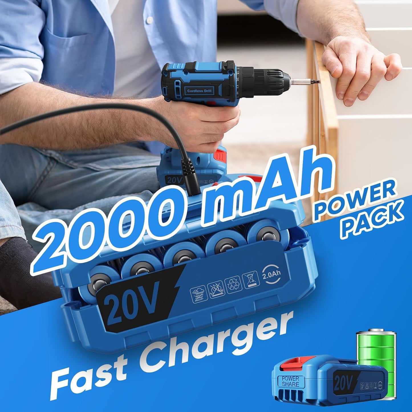 Set taladro inalámbrico 20V 2.0ah con 42 pzas brocas