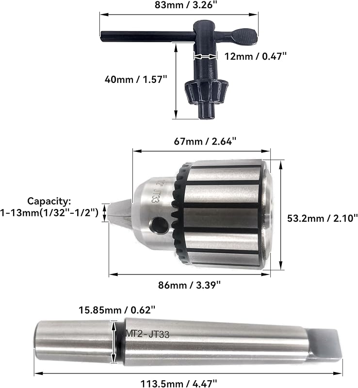 Portabrocas eje Morse #2 llave 3 mordazas para torno 1/32-1/2