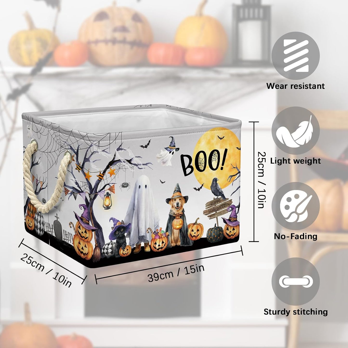 Cesta Halloween plegable decoración hogar 15x10x10pulg gris