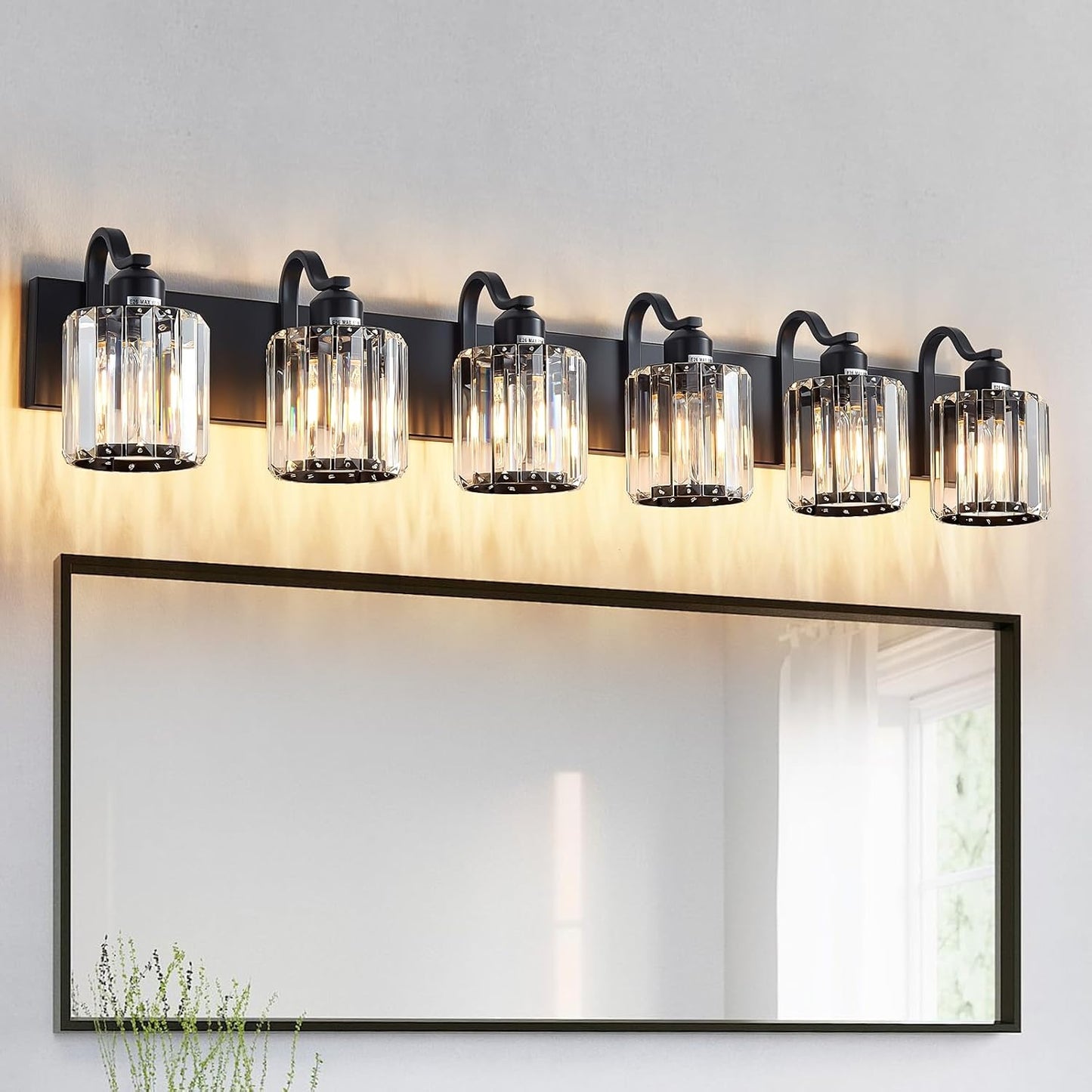 Lámpara baño cristal negro 6 luces sobre espejo