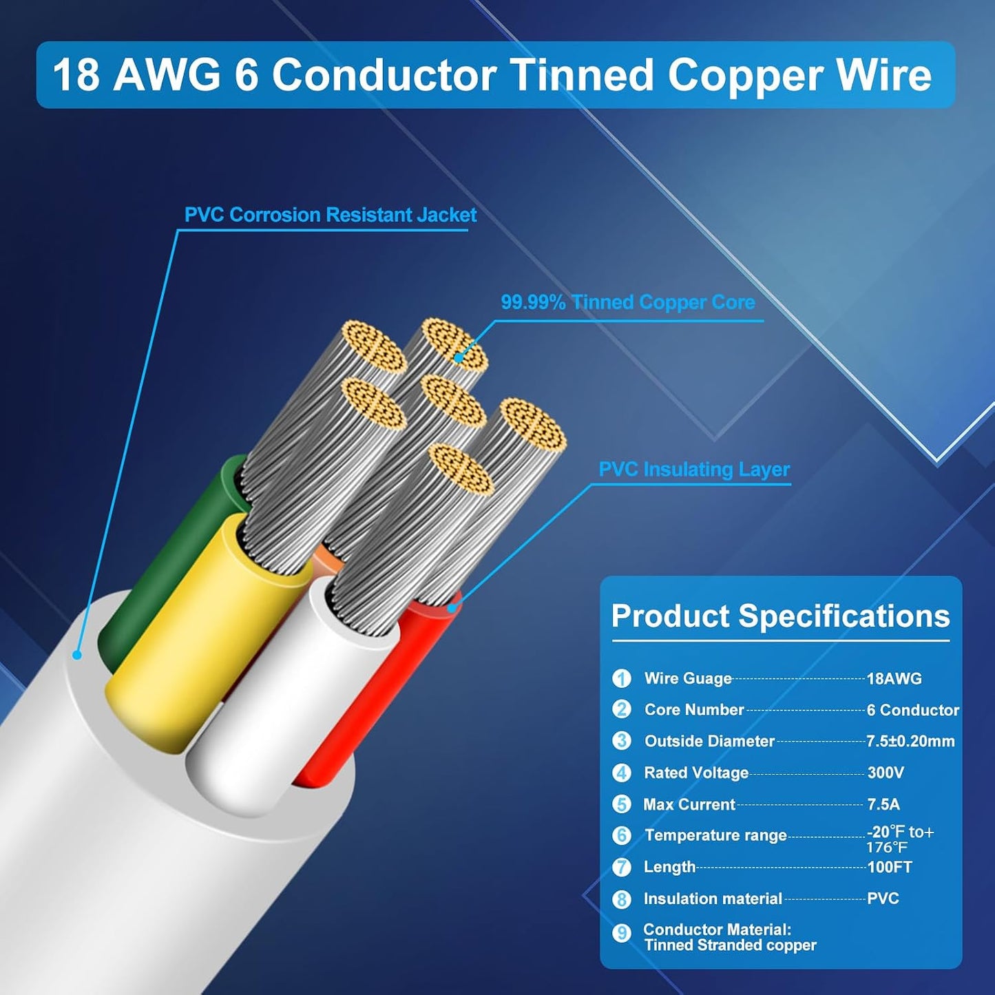 Cable eléctrico 18/6 AWG cobre estañado 100ft flexible